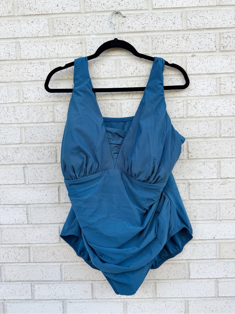 Lands' End Teal Blue One-Piece Swimsuit Ruched Front V-Neck Size 22W